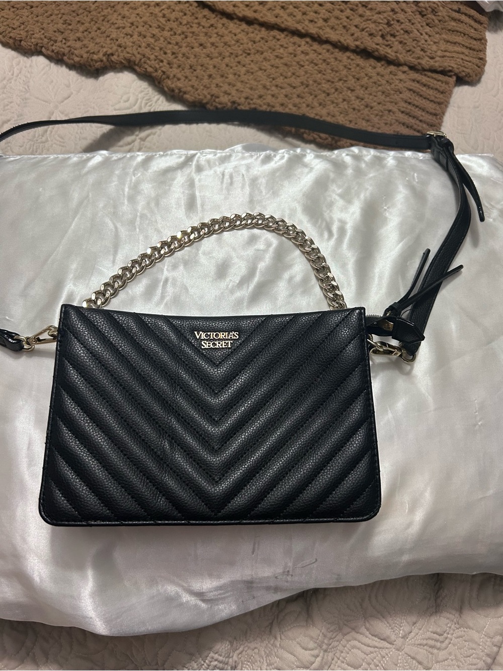 Victoria's Secret Black Quilted Crossbody with Gold Chain Accent